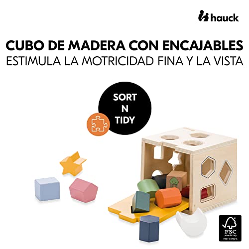 Hauck Sort N Tidy Juguetes Montessori de Madera Certificado FSC, Juguete Bebe 1 año, Cubo Actividades Bebe con 12 Bloques de Construcción, Waldorf Juguetes