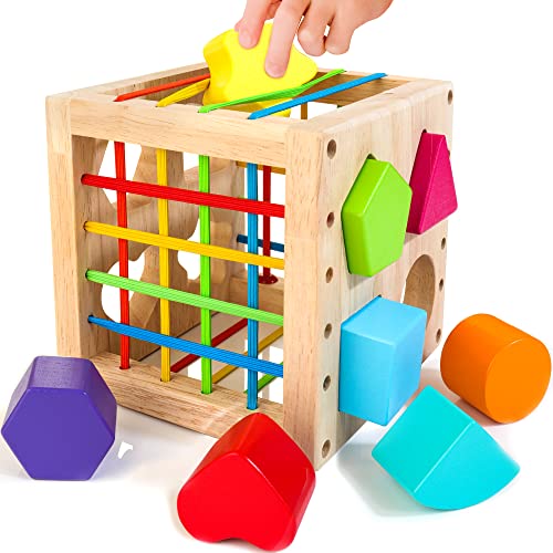 HELLOWOOD Juego de Cubo Clasificador Juguetes Montessori Educativos para Bebés a Partir de 1 Año, Juguete de Aprendizaje con 8 Bloques, Juguete de Madera para Niños Niñas de 1 2 3 Años