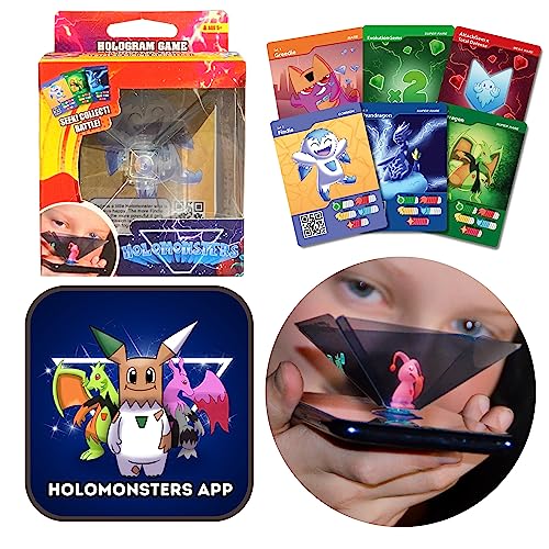 Holomonsters Juego de holograma 3D, juego interactivo de coleccionista de monstruos virtuales con pirámide de holograma proyector, tarjetas coleccionables, aplicación móvil, juguete AR/ER para niños
