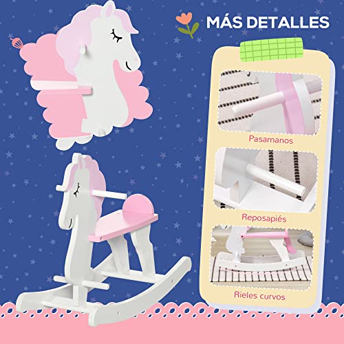 HOMCOM Caballito Balancín para Niños de 1-3 Años Caballo Mecedora de Madera con Manillar y Pedales Carga 50 kg 68x27x46,5 cm Blanco y Rosa