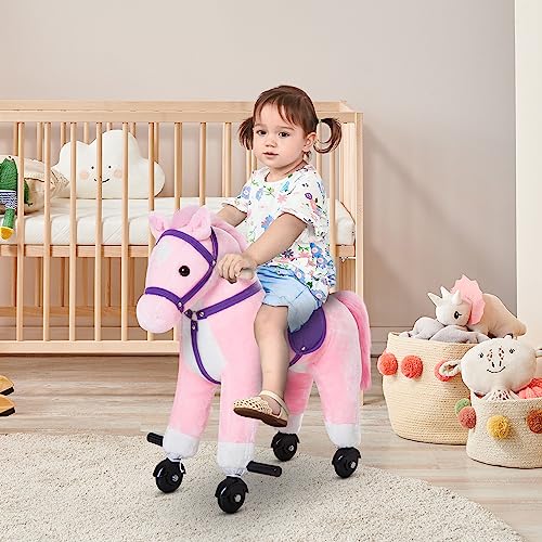 HOMCOM Caballito para Bebes de +36 Meses Caballo con Ruedas Sonidos de Relincho Palos y Pedales Carga 60 kg 55x23x60 cm Rosa