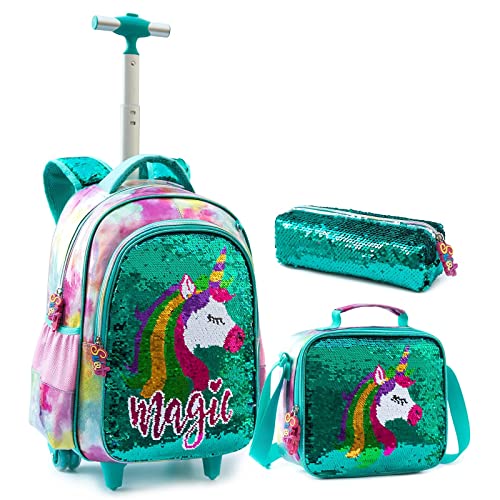 IvyH Mochila para Niñas, Mochilas Escolares con Ruedas Primaria Mochila Lentejuelas con Bolsa de Almuerzo Estuche para lápices 4 Ruedas Bolsa Trolley para Infantiles Chica(Unicornio verde)