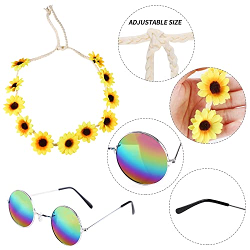 Juego de Disfraz Hippie, 5 piezas Accesorios Hippies,collar con signo paz,arete,anteojos,diadema girasol,diadema con tinte corbata arcoíris para Moda hombres mujeres, accesorios vestido estilo 60 y 70