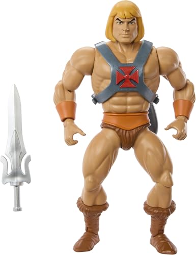 ​Juguete Masters of The Universe Origins, figura de acción He-Man de la colección de dibujos animados, héroe a escala de 5.5 pulgadas con arnés, 2 espadas y minicómics