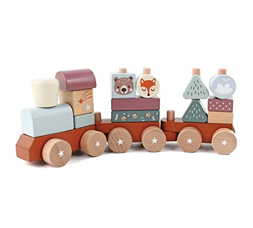 Little Log Juego de Tren apilable de Madera con Troncos pequeños con Bloques de construcción, Tren de tracción para niños, Juguete Educativo para niños, Regalo para niñas y niños de 1 año de Edad