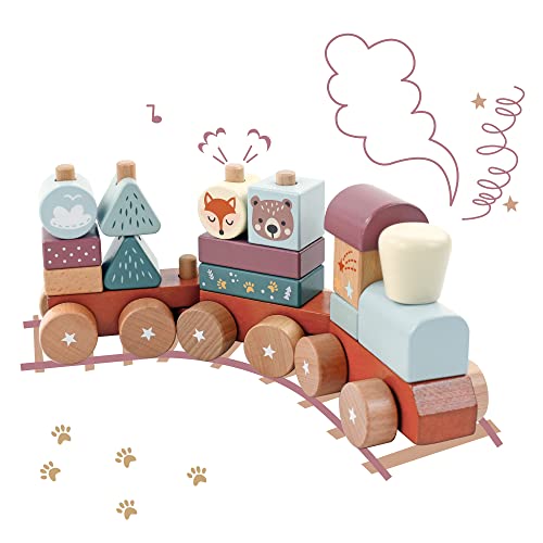 Little Log Juego de Tren apilable de Madera con Troncos pequeños con Bloques de construcción, Tren de tracción para niños, Juguete Educativo para niños, Regalo para niñas y niños de 1 año de Edad