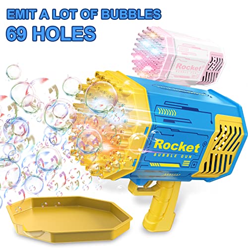 Máquina Automática de Burbujas, 69 Agujeros Pistola de Burbujas para niños, Bazooka Launcher Bubble Máquina con 2 soluciones de Burbujas, Máquina de Burbujas para Bodas Fiestas Cumpleaño