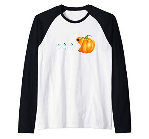 Máscara de fantasma comiendo calabaza - Halloween divertido Camiseta Manga Raglan