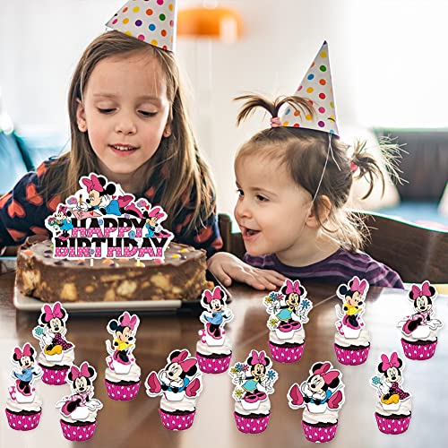 Minnie Cupcake Topper, 25PCS Minnie Decoración para Tarta Happy Birthday Toppers Decoración de Pastel Kit para Fiesta Niños y Niñas Cumpleaños con Temática de Minnie