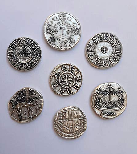 Monedas vikingas bañadas en Plata. Idea de Regalo Gadgets Original para los fanáticos de Vikings, Cosplay, Fantasy. Set 7 reproducciones Tesoro de los Vikingos