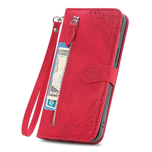 NEXCURIO Funda Tipo Cartera Libro para Samsung Galaxy A40 / A405 Carcasa Protectora Cuero Flip Cover Case con Tarjetero Cordón Soporte Plegable Mujer Flores - Rojo