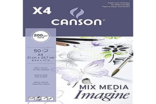 Pack de 4 Blocs Encolados, A4, 50 Hojas, Canson Mix Media Imagine, Grano Fino 200g