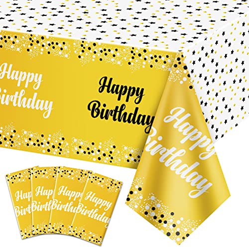QUERICKY Paquete de 4 manteles de feliz cumpleaños, cubierta de mesa de cumpleaños dorada, manteles rectangulares de 137x274cm para decoraciones de fiesta de cumpleaños 18, 20, 21, 30, 40, 50, 55 y 60
