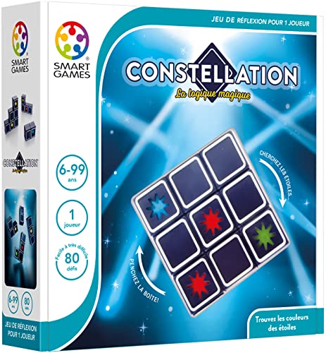 SmartGames - Constelación - Juego de reflexión - 80 desafíos de Nivel fácil a Muy difícil - Encuentra los Colores de Las Estrellas - Folleto de soluciones Incluido - 1 Jugador - De 6 a 99 años