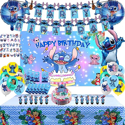 Stitch Decoracion Cumpleaños 99 Piezas, Banners, Mantele, Adornos para Tartas y Cupcakes, Globos de Látex, Globo Redondo de Aluminio, Globo de Aluminio, Telones de Fondo, Pegatinas, Bolsas de Regalo