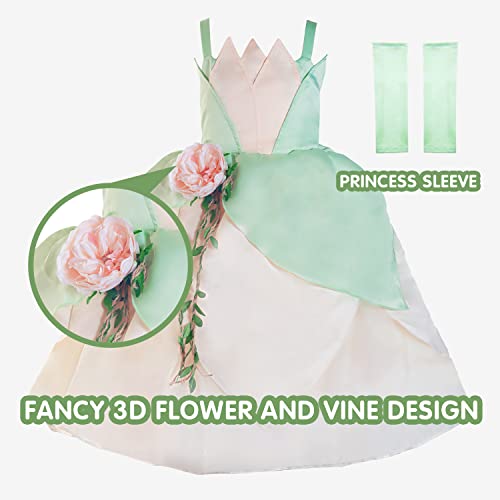 UPORPOR Mágica LED Disfraz Tiana Princesa Sapo Niña Halloween Fantasia LED Vestido Elfo Carnaval Atuendo Navidad Disfraz de Regalo Fiesta de Cumpleaños Niñas Vestirse Ropa, Verde Frondoso 140