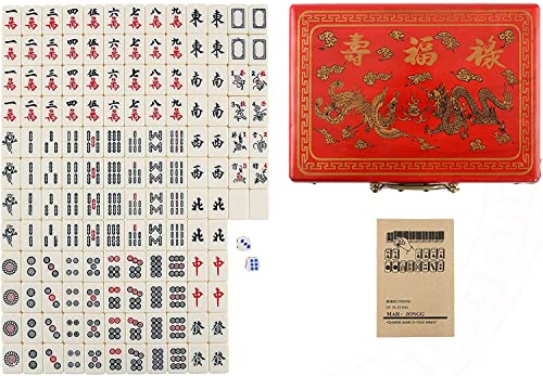 XUBX Mini Juego de Majong Chino, Juego de 144 pequeños Azulejos y Vintage de Piel Mahjong Carring Case, 2 Cajas de Transporte de Dados y Cuero, para Viaje Familiar Game Chino Mahjong Set