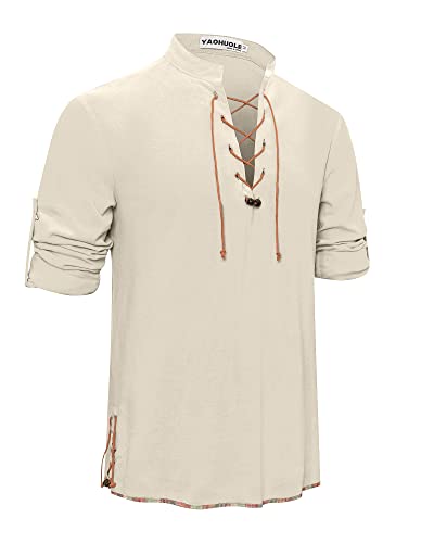 YAOHUOLE Camisa de lino y algodón para hombre, manga larga, disfraz medieval renacentista, casual, steampunk, camisa Ghillie escocesa, ropa gótica victoriana, caqui, 3XL