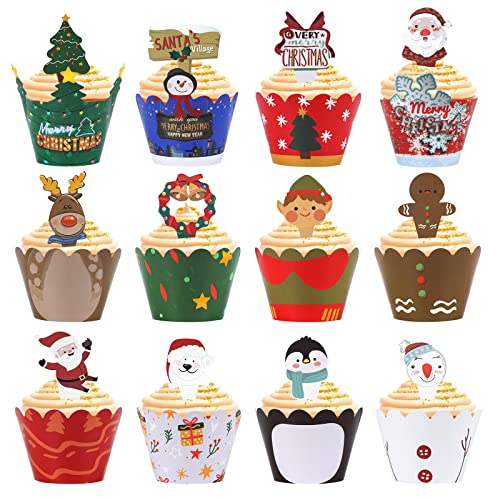 yumcute 48 piezas Cake Topper Navidad Cupcake Toppers, Topper de Tarta, Decoración para cupcakes de Navidad, Decoración para fiesta de Navidad Fiesta de los niños Cake Decoration