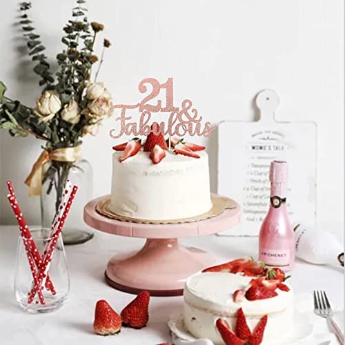 1 pieza 21 & Fabulous Cake Topper Glitter Cheers to Happy 21th Birthday Cake Toppers twenty one y Fabulous Geburtstag Tortendeko für 21th Wedding Anniversary Birthday Party Dekoendeko oro rosa