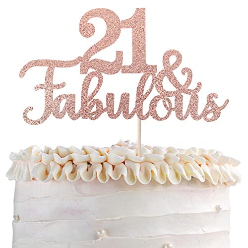 1 pieza 21 & Fabulous Cake Topper Glitter Cheers to Happy 21th Birthday Cake Toppers twenty one y Fabulous Geburtstag Tortendeko für 21th Wedding Anniversary Birthday Party Dekoendeko oro rosa