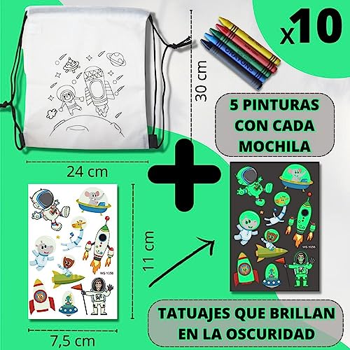 10 Mochilas Para Pintar Regalo Niños + 10 Plantillas De Tatuajes Temporales Luminosos - Bolsas Cumpleaños infantil, Con 5 Ceras De Colores Y Tatuajes Luminosos - Pack Regalos Cumpleaños Niños