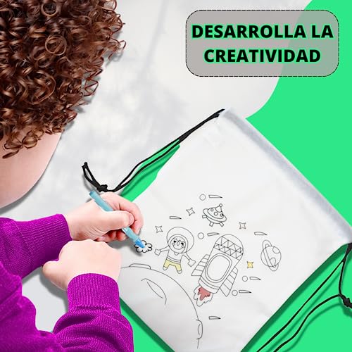 10 Mochilas Para Pintar Regalo Niños + 10 Plantillas De Tatuajes Temporales Luminosos - Bolsas Cumpleaños infantil, Con 5 Ceras De Colores Y Tatuajes Luminosos - Pack Regalos Cumpleaños Niños