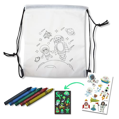 10 Mochilas Para Pintar Regalo Niños + 10 Plantillas De Tatuajes Temporales Luminosos - Bolsas Cumpleaños infantil, Con 5 Ceras De Colores Y Tatuajes Luminosos - Pack Regalos Cumpleaños Niños