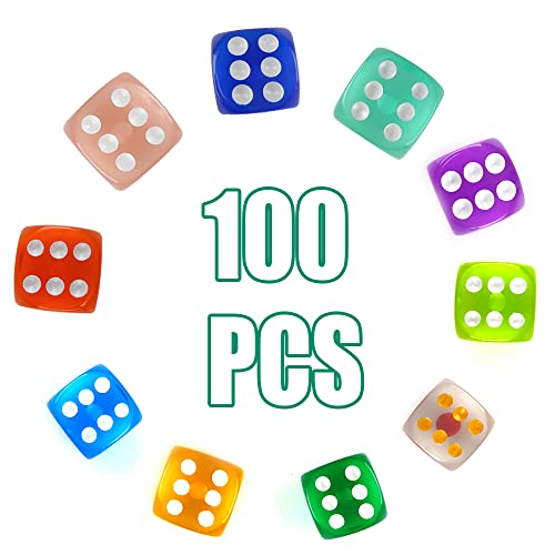 100 Piezas Dados 6 Caras,10 Colores Juego de Dados，16mm Translúcidos Dados Acrílicos para DND, MTG, RPG, Tenzi, Yahtze, Bunco, Juegos de Mesa Borad, Enseñanza de Matemáticas