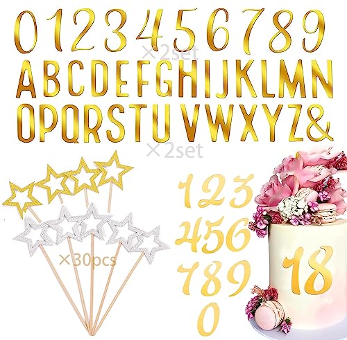 104 Adornos Para Tartas Con Alfabeto(A-Z 27pcs),Adornos Con Letras Mayúsculas, Para Cumpleaños,10pcs Decoración de Número para Tarta(0-9),Bodas,Reuniones Familiares,Graduación,Dorado