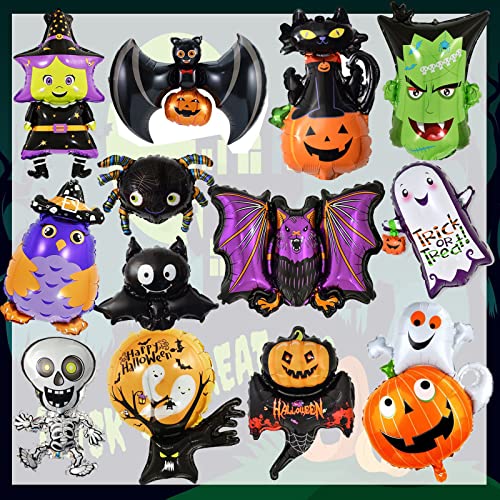 13 Pcs Globos de Halloween，Globos papel Halloween，Decoración de Halloween，Calabaza araña Fantasma Cráneo Murciélago Bruja Globo, Decoración de Fiesta de Halloween para Bar, Hogar, Oficina, Escuela