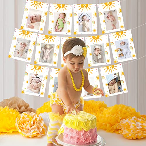 13PCs First Trip Around The Sun Photo Banner - Sun 1st Birthday Baby Photo Banner for Newborn to 12 Months, Sunshine 1st Birthday Party Decorations, Rainbow Birthday Decorations Boy Girl