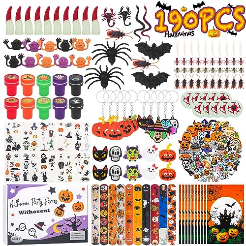 190 Piezas Halloween Pinata Decoracion Accesorios Regalos, Halloween Fiesta Juguetes Complementos con Caja de Regalos, Halloween Chucherias Arañas Murcielagos Tatuajes Temporal para Niños