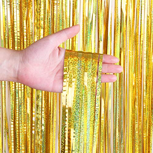 2 Pack Oro Láser Fiesta Cortinas, 1 x 2 m Cortinas de Malla Oropel Lamina Metálica, Aluminio Flecos Cortina Serpentinas, Foil Fringe Cortinas para Boda Cumpleaños Fiesta Puerta Ventanas Decoración