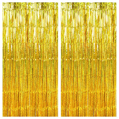 2 Pack Oro Láser Fiesta Cortinas, 1 x 2 m Cortinas de Malla Oropel Lamina Metálica, Aluminio Flecos Cortina Serpentinas, Foil Fringe Cortinas para Boda Cumpleaños Fiesta Puerta Ventanas Decoración