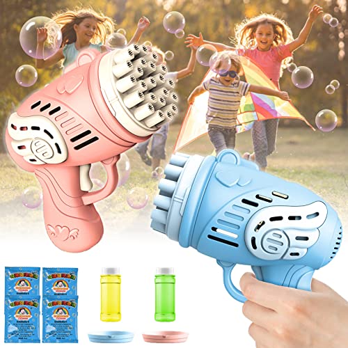 2 Pistola Burbujas, con 140 ml Solución de Burbujas, Maquina Burbujas de Jabon Niños Mayores de 2 Años, Bubble Machine Bubble Gun para Fiestas Interiores Aire Libre Verano