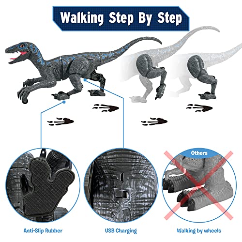 2.4G Juguetes de Dinosaurio con Control Remoto, Velociraptor electrónico Educativo para Caminar con Luces y Sonidos, Juguetes Robot de Dinosaurio alimentados por batería Recargable