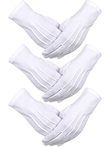 3 Pares de Guantes de Algodón de Nylon Guantes de Disfraz de Desfile Blancos para Guardia de Honor Formal Tuxedo de la Policía y Ocasiones Especiales (Diseño de 3 Costuras)