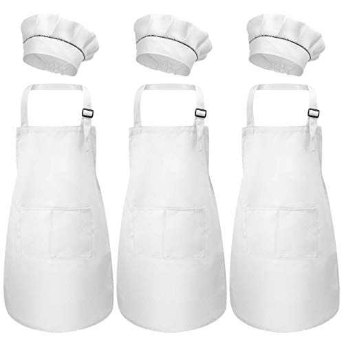 3 Set Niños Delantal y Gorro de Cocinero, Ajustable Infantil Delantal de Cocina con Bolsillos para Niñas, Niñito Delantales de Chef Jardín para Cocinar Hornear Pintar Artesanía (3-6 Años) (Blanco)