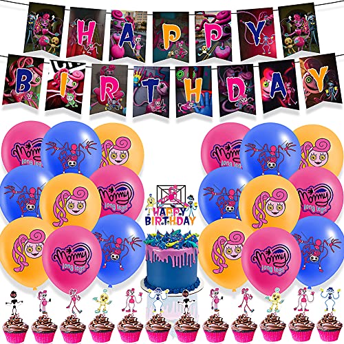 32 Piezas Decoraciones de Fiesta de Cumpleaños de Long Legs, Juego de Fiesta de Mommy con Pancarta, Globos de Látex, Decoración de Tartas para Decoración de Cumpleaños de Niños