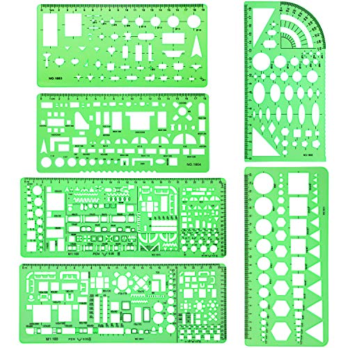 6 Piezas de Plantillas de Medición de Plástico Sténcil de Encofrado de Construcción Regla de Dibujo Geométrico para Oficina y Escuela, Verde Transparente