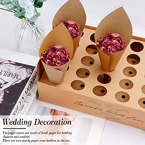 60 Piezas Cucuruchos de Papel Kraft para Bodas, Conos para el Arroz con 2 Caja Soporte para Decoración Fiesta Ceremonia y Contenedor de Pétalos y Confeti