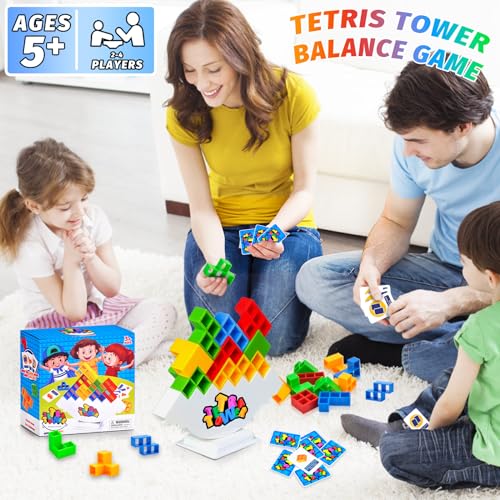 64 Piezas Tetra Tower Tetris Balance Blocks, Stack Attack Team Game Adultos Juego de Mesa Apilamiento Equilibrio Construcción Creativo Educativos Juguetes de Montessori Regalo para Niños Niñas 3+ Años