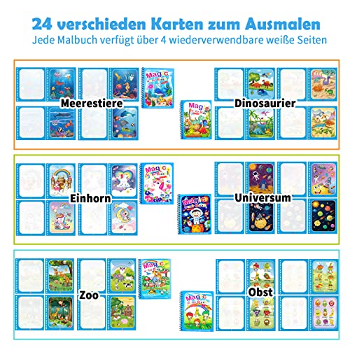 6PCS Libro Magico Libro Infantil Pintar con Agua Reutilizable Magic Book Libro Pintar con Agua Libros de Colorear Magic Water Libros Magicos Libro Pintar Agua Water Magic con 6 Bolígrafos para Niños