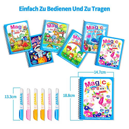 6PCS Libro Magico Libro Infantil Pintar con Agua Reutilizable Magic Book Libro Pintar con Agua Libros de Colorear Magic Water Libros Magicos Libro Pintar Agua Water Magic con 6 Bolígrafos para Niños