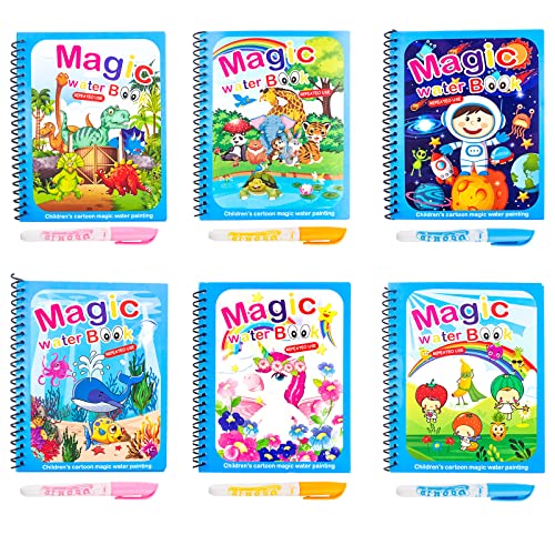 6PCS Libro Magico Libro Infantil Pintar con Agua Reutilizable Magic Book Libro Pintar con Agua Libros de Colorear Magic Water Libros Magicos Libro Pintar Agua Water Magic con 6 Bolígrafos para Niños