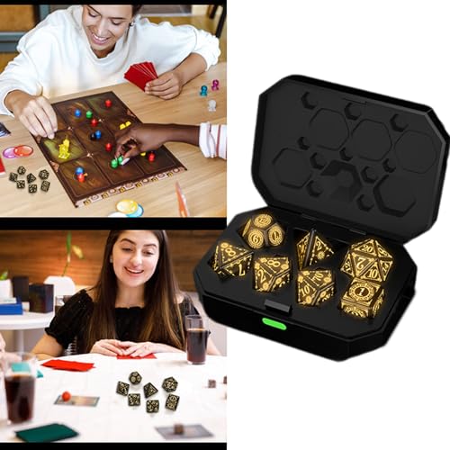 7 dados poliédricos brillantes con caja de carga recargable LED luz cálida dados electrónicos para juego de mesa de juego de rol dados poliédricos regalo de juego