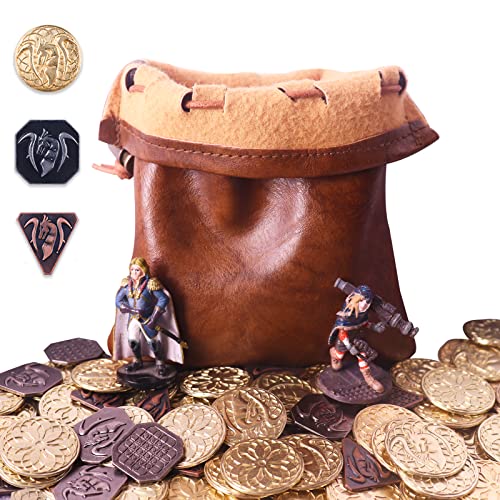 70 Monedas De Metal DND Y Bolsa De Cuero PU, Contiene 30 Monedas De Oro, 20 Monedas De Plata Y 20 Monedas De Cobre, Monedas De Fantasía para Juego De Mesa, Ficha De Juego con Bolsa De Cuero Retro