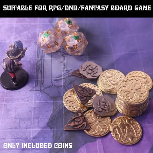 70 Monedas De Metal DND Y Bolsa De Cuero PU, Contiene 30 Monedas De Oro, 20 Monedas De Plata Y 20 Monedas De Cobre, Monedas De Fantasía para Juego De Mesa, Ficha De Juego con Bolsa De Cuero Retro