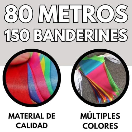 80 Metros,150 Banderines Fiesta Multicolor, tamaño 16x25 cm, Ideal para Celebraciones (cumpleaños, Fiestas...). Material sintético de Larga duración. Ideal para el Exterior de tu Negocio